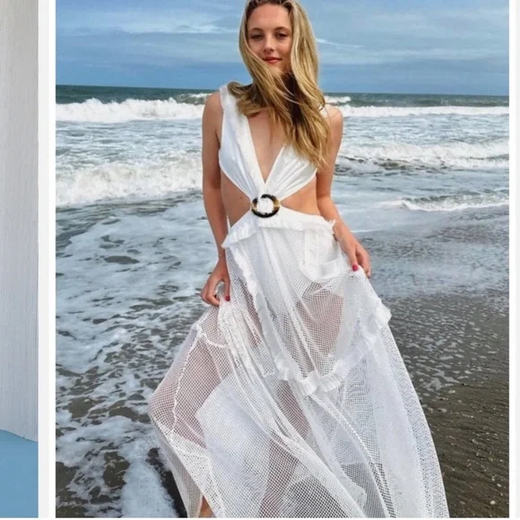 12th Tribe Helena White Mesh Cutout Laceup Back Maxi Dress Size - Picture 2 of 16